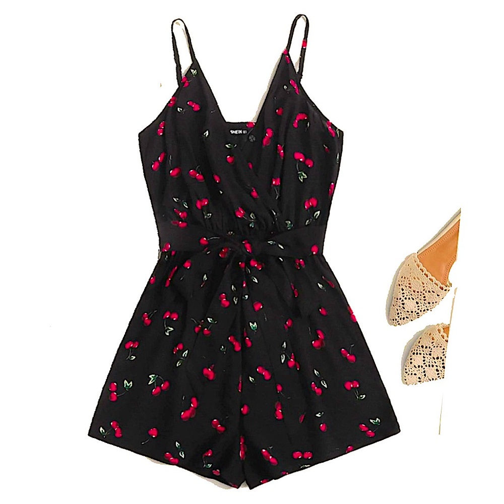 Cherry print adjustable spaghetti straps romper